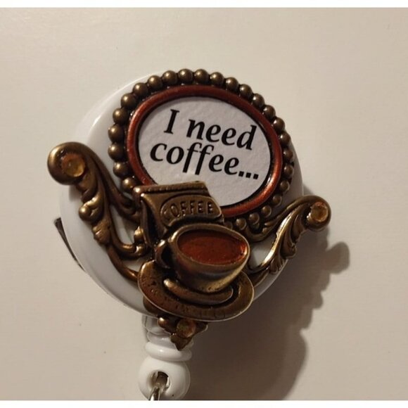 "I Need Coffee" Retractable Badge Reel With Clip & Clear Strap For ID Cards - Picture 3 of 3